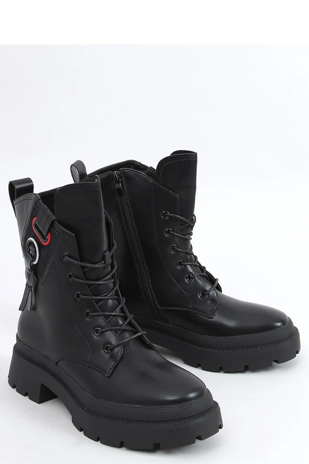 Crystal-Embelleshed Black Leather Combat Ankle Boots with Platform Lug Sole
