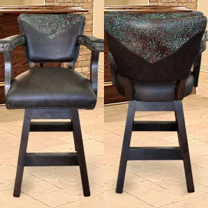 Custom Leather Barstool In Dark Brown With Turquoise Tooled Yokes