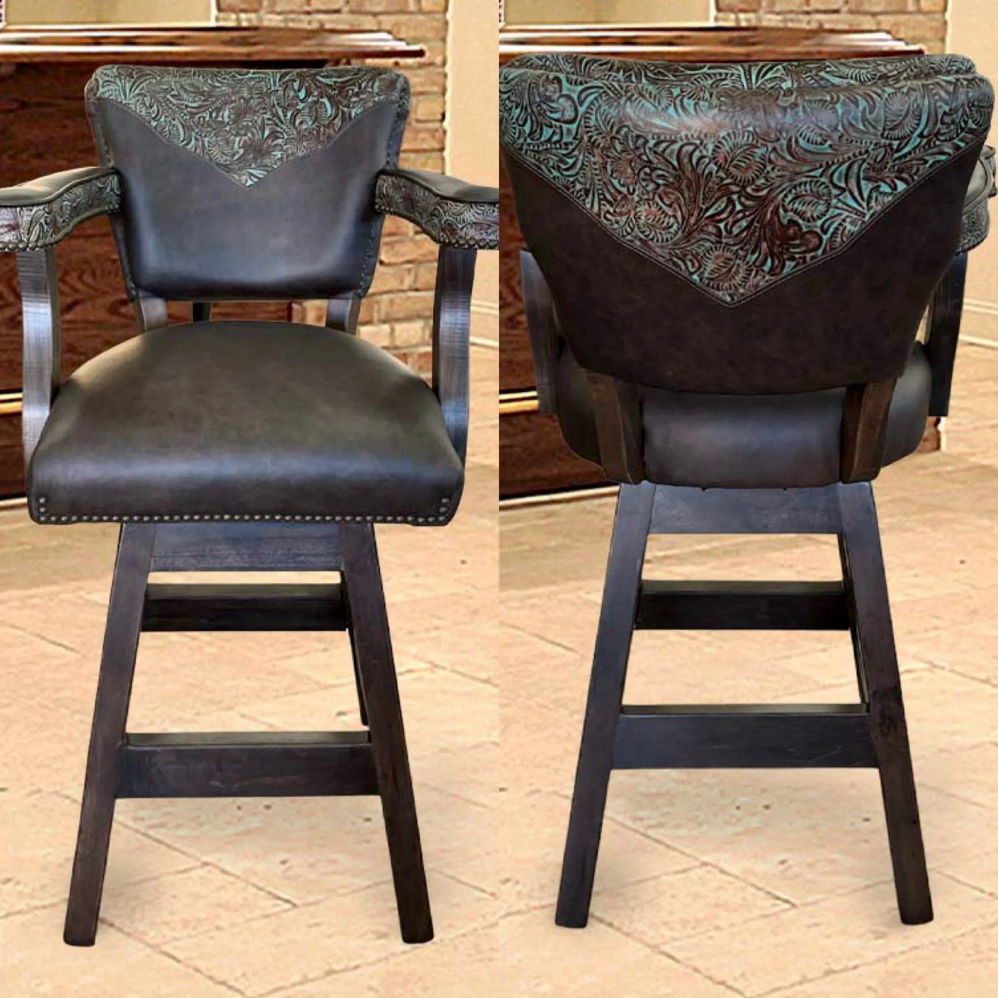 Custom Leather Barstool In Dark Brown With Turquoise Tooled Yokes