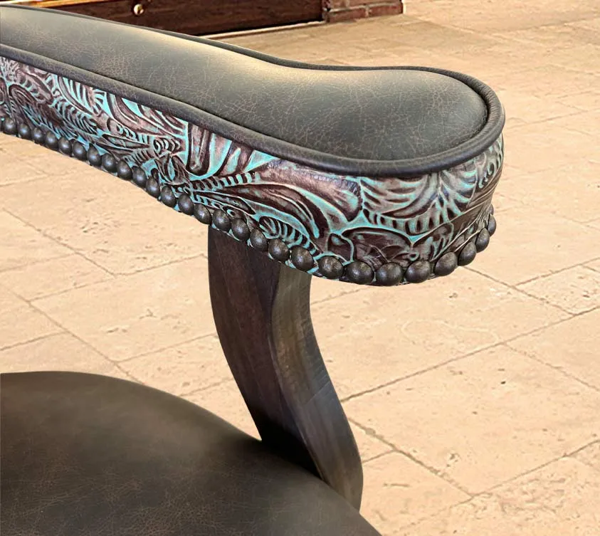 Custom Leather Barstool In Dark Brown With Turquoise Tooled Yokes