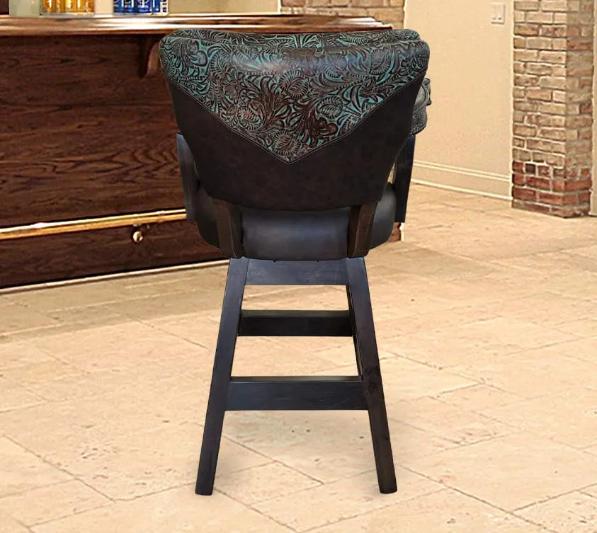 Custom Leather Barstool In Dark Brown With Turquoise Tooled Yokes