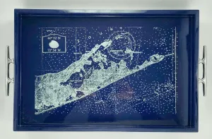 Eastern Long Island Coordinates - Rectangular Navy Tray with Silver Cleat Handles