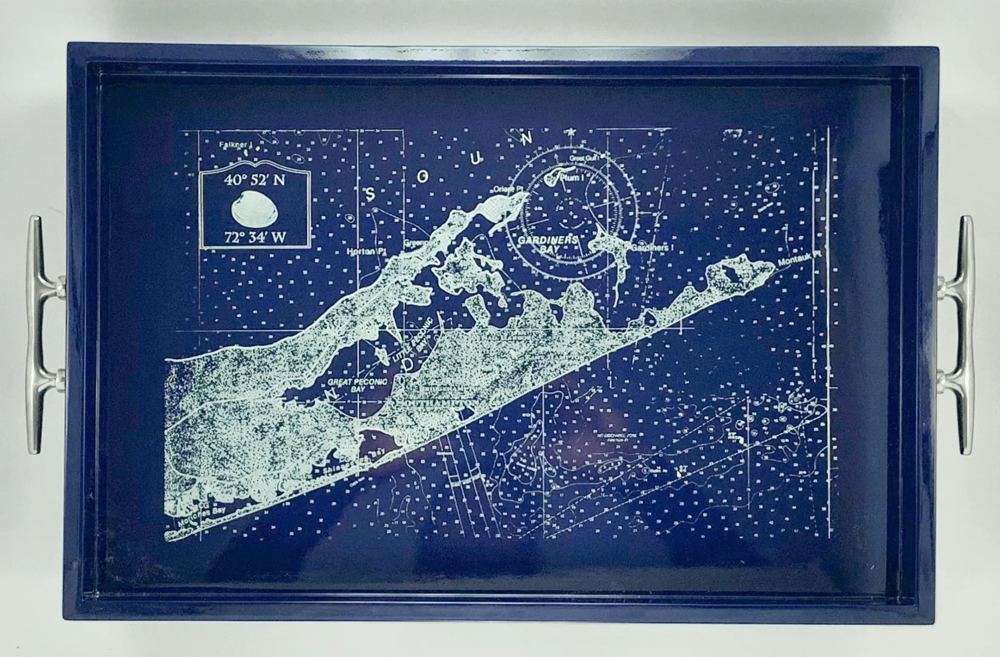 Eastern Long Island Coordinates - Rectangular Navy Tray with Silver Cleat Handles