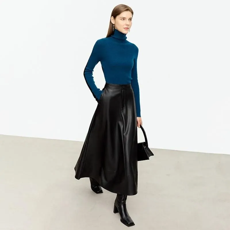 Elegant Autumn Ankle-Length A-Line Leather Midi Skirt for Women