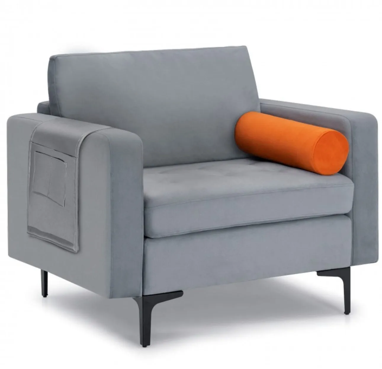 Elegant Modern Accent Chair Couch With Bolster And Side Storage Pocket | Thick Cushions | Heavy Duty Holds 660lbs | Suede Or Leather Or Lint Fabric