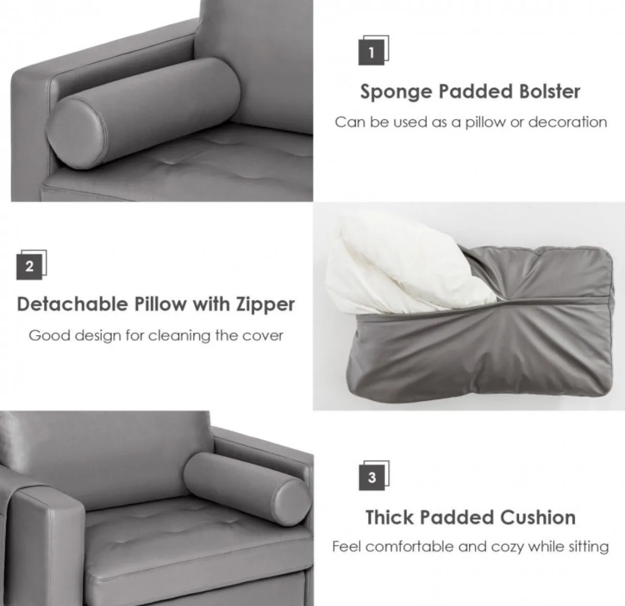 Elegant Modern Accent Chair Couch With Bolster And Side Storage Pocket | Thick Cushions | Heavy Duty Holds 660lbs | Suede Or Leather Or Lint Fabric