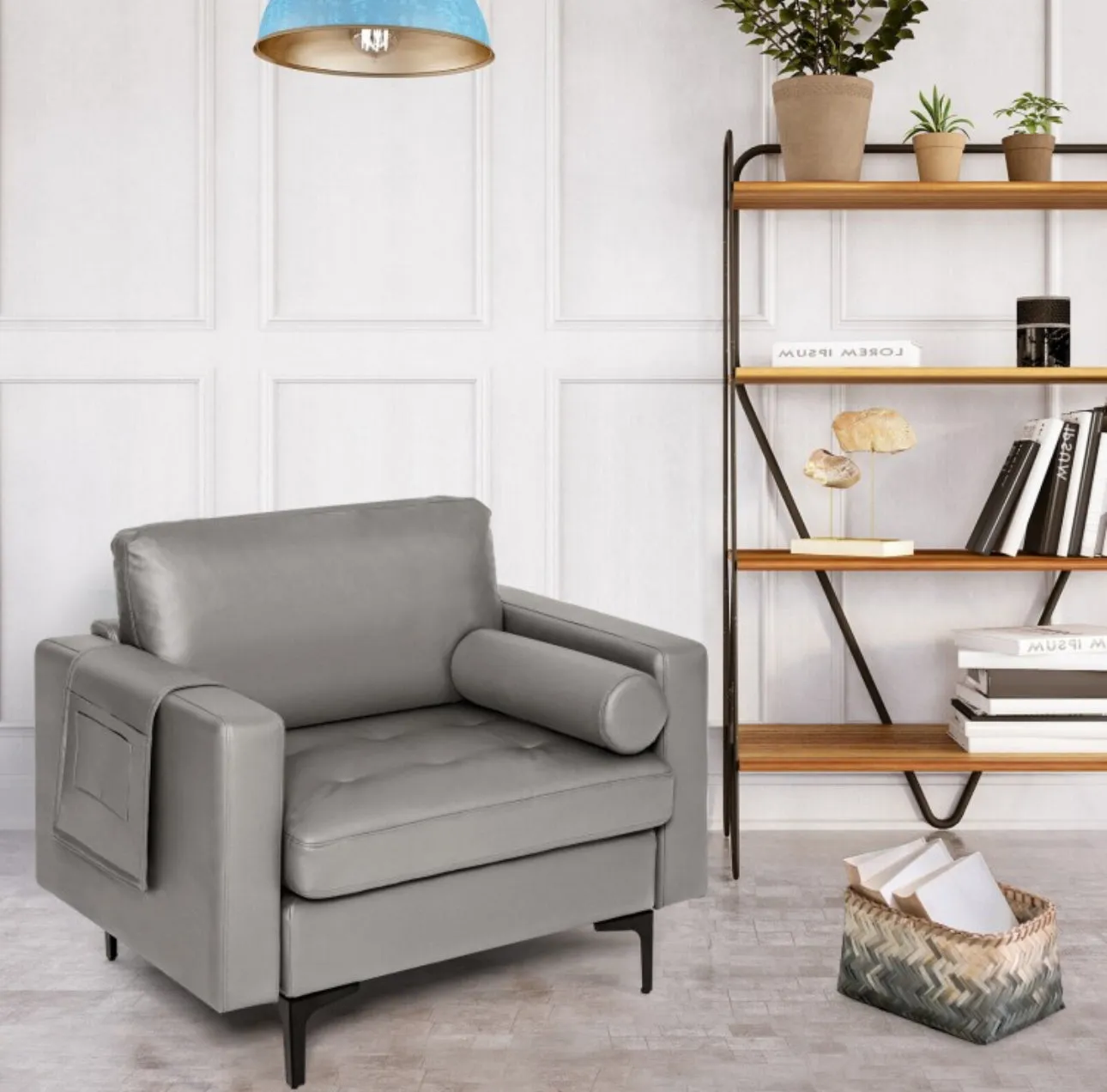 Elegant Modern Accent Chair Couch With Bolster And Side Storage Pocket | Thick Cushions | Heavy Duty Holds 660lbs | Suede Or Leather Or Lint Fabric