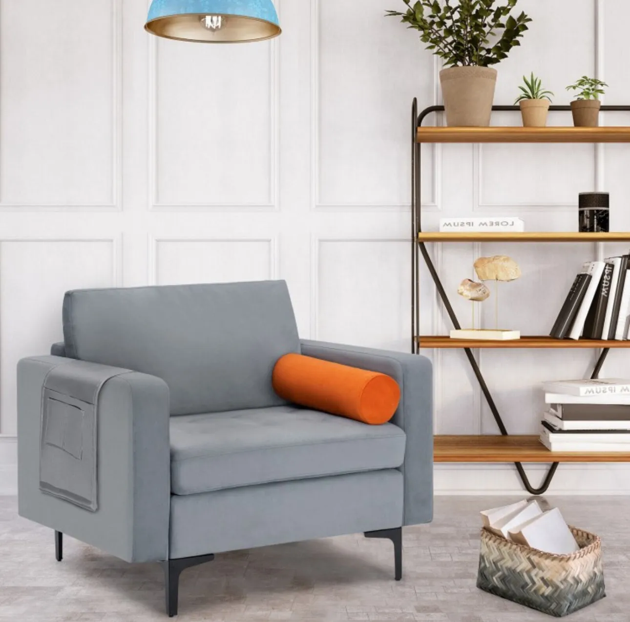 Elegant Modern Accent Chair Couch With Bolster And Side Storage Pocket | Thick Cushions | Heavy Duty Holds 660lbs | Suede Or Leather Or Lint Fabric