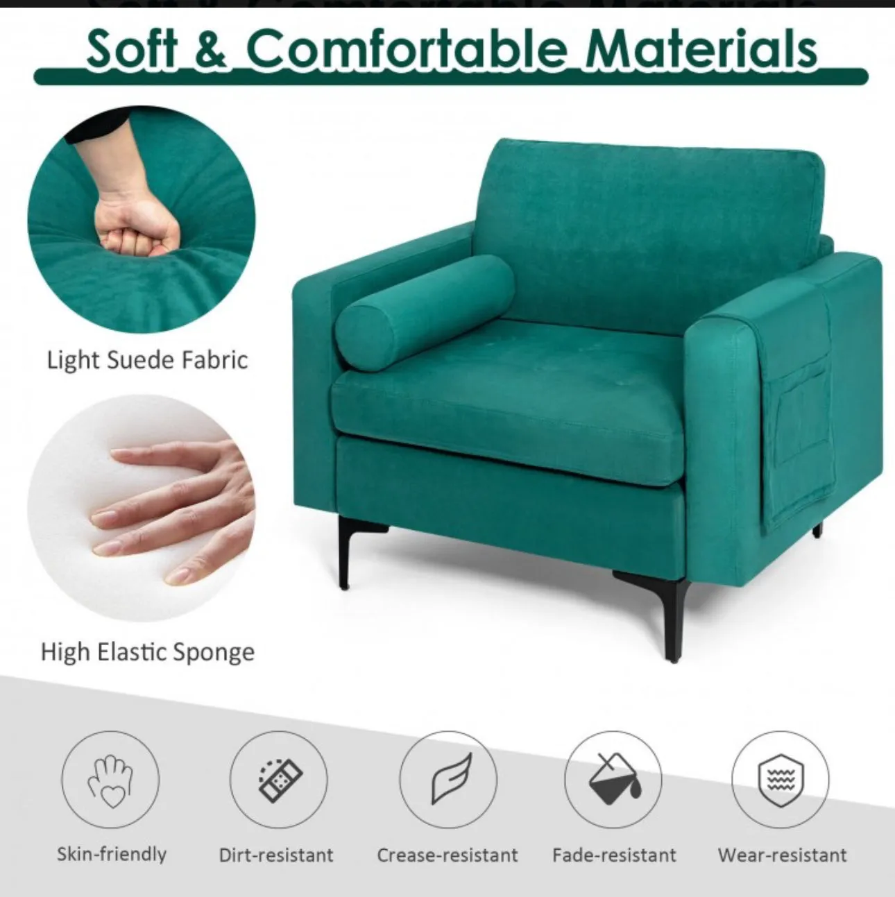 Elegant Modern Accent Chair Couch With Bolster And Side Storage Pocket | Thick Cushions | Heavy Duty Holds 660lbs | Suede Or Leather Or Lint Fabric