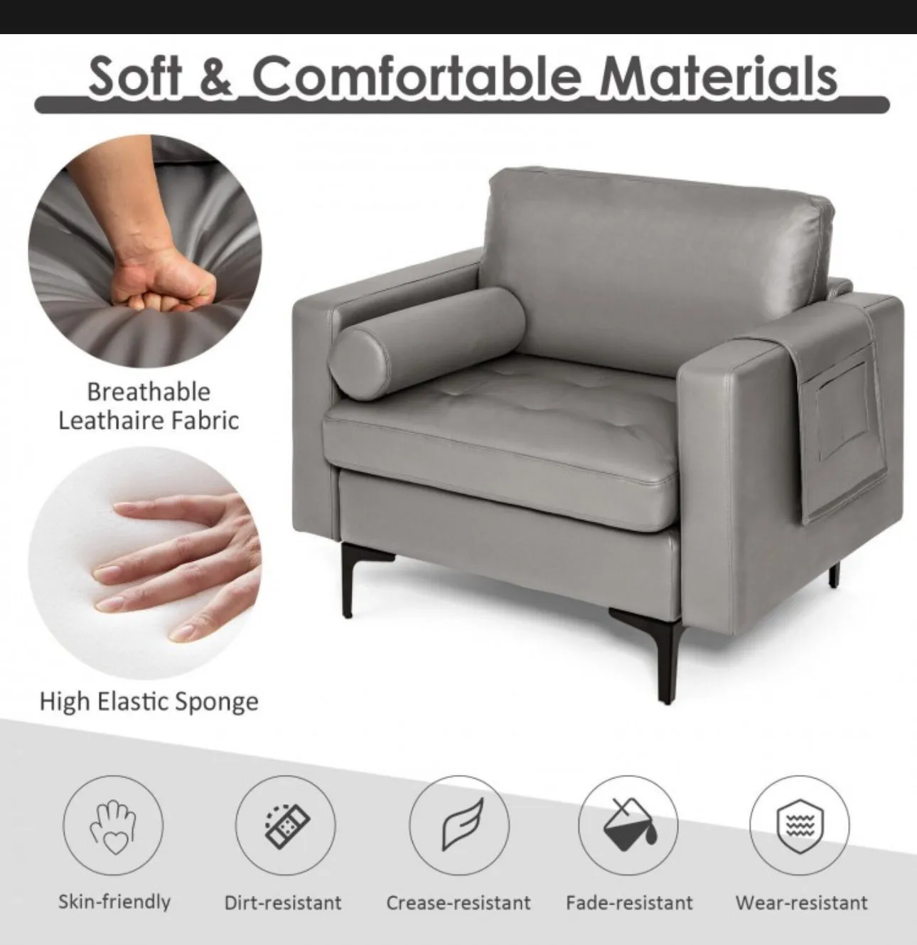 Elegant Modern Accent Chair Couch With Bolster And Side Storage Pocket | Thick Cushions | Heavy Duty Holds 660lbs | Suede Or Leather Or Lint Fabric