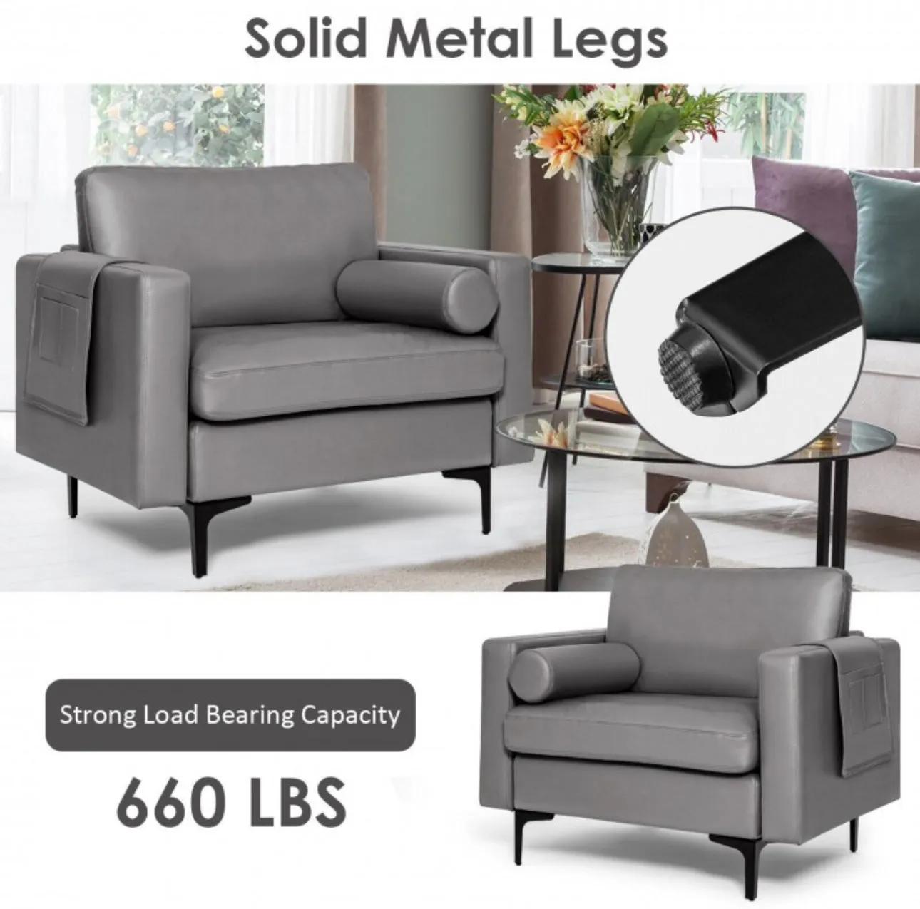 Elegant Modern Accent Chair Couch With Bolster And Side Storage Pocket | Thick Cushions | Heavy Duty Holds 660lbs | Suede Or Leather Or Lint Fabric