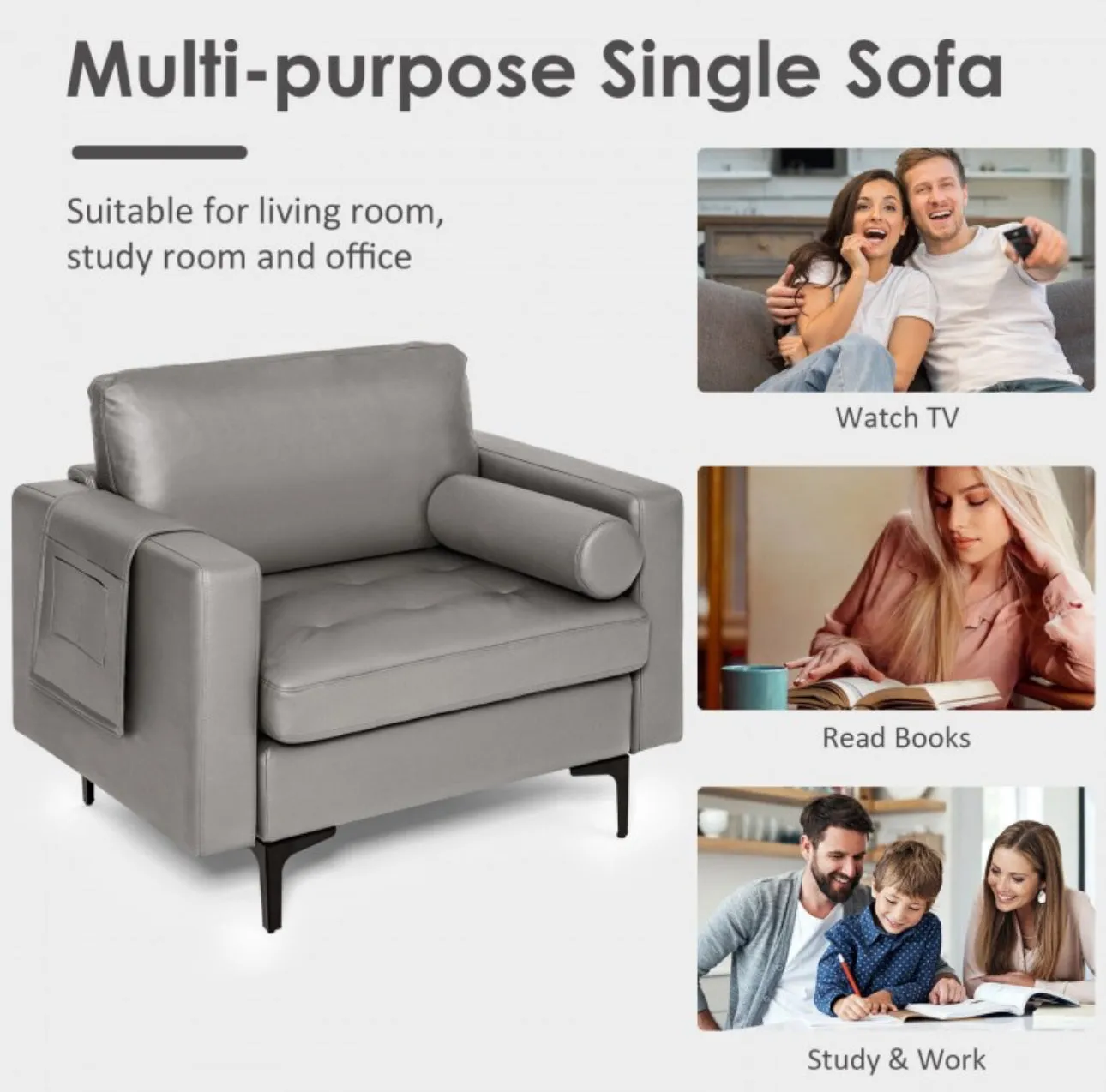 Elegant Modern Accent Chair Couch With Bolster And Side Storage Pocket | Thick Cushions | Heavy Duty Holds 660lbs | Suede Or Leather Or Lint Fabric