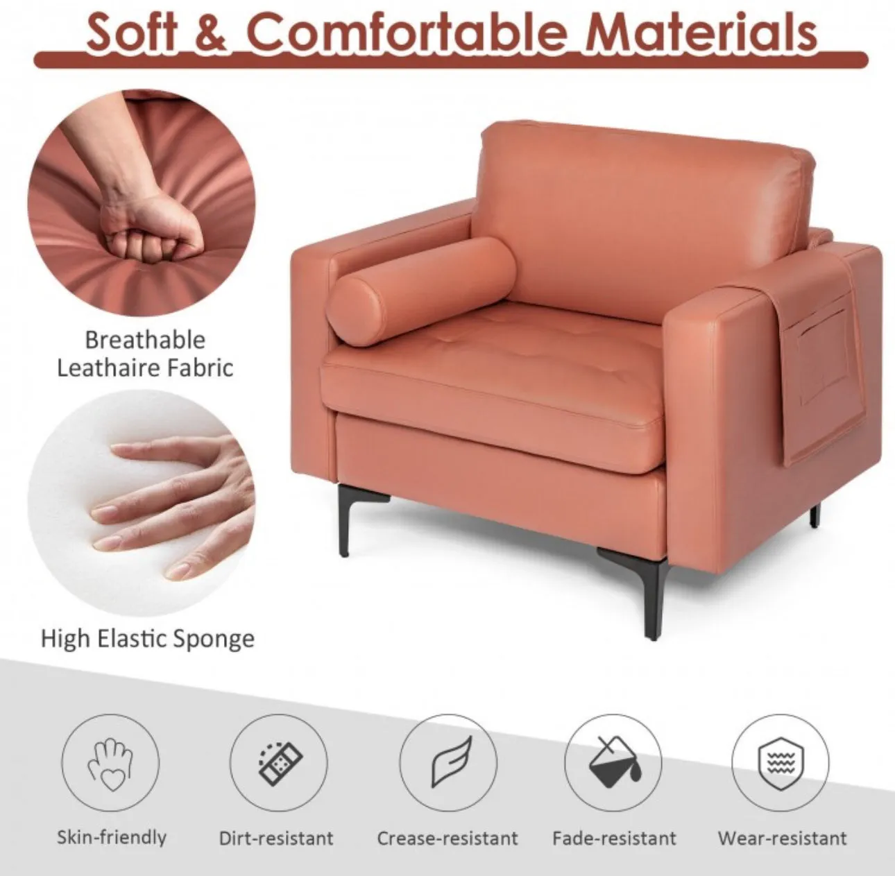 Elegant Modern Accent Chair Couch With Bolster And Side Storage Pocket | Thick Cushions | Heavy Duty Holds 660lbs | Suede Or Leather Or Lint Fabric