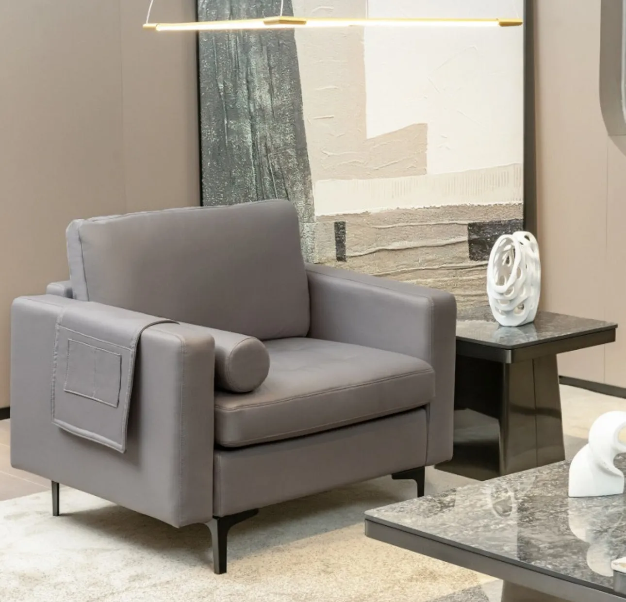 Elegant Modern Accent Chair Couch With Bolster And Side Storage Pocket | Thick Cushions | Heavy Duty Holds 660lbs | Suede Or Leather Or Lint Fabric