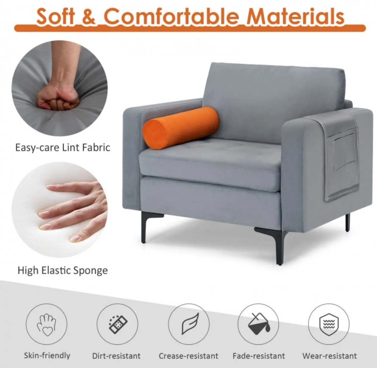 Elegant Modern Accent Chair Couch With Bolster And Side Storage Pocket | Thick Cushions | Heavy Duty Holds 660lbs | Suede Or Leather Or Lint Fabric