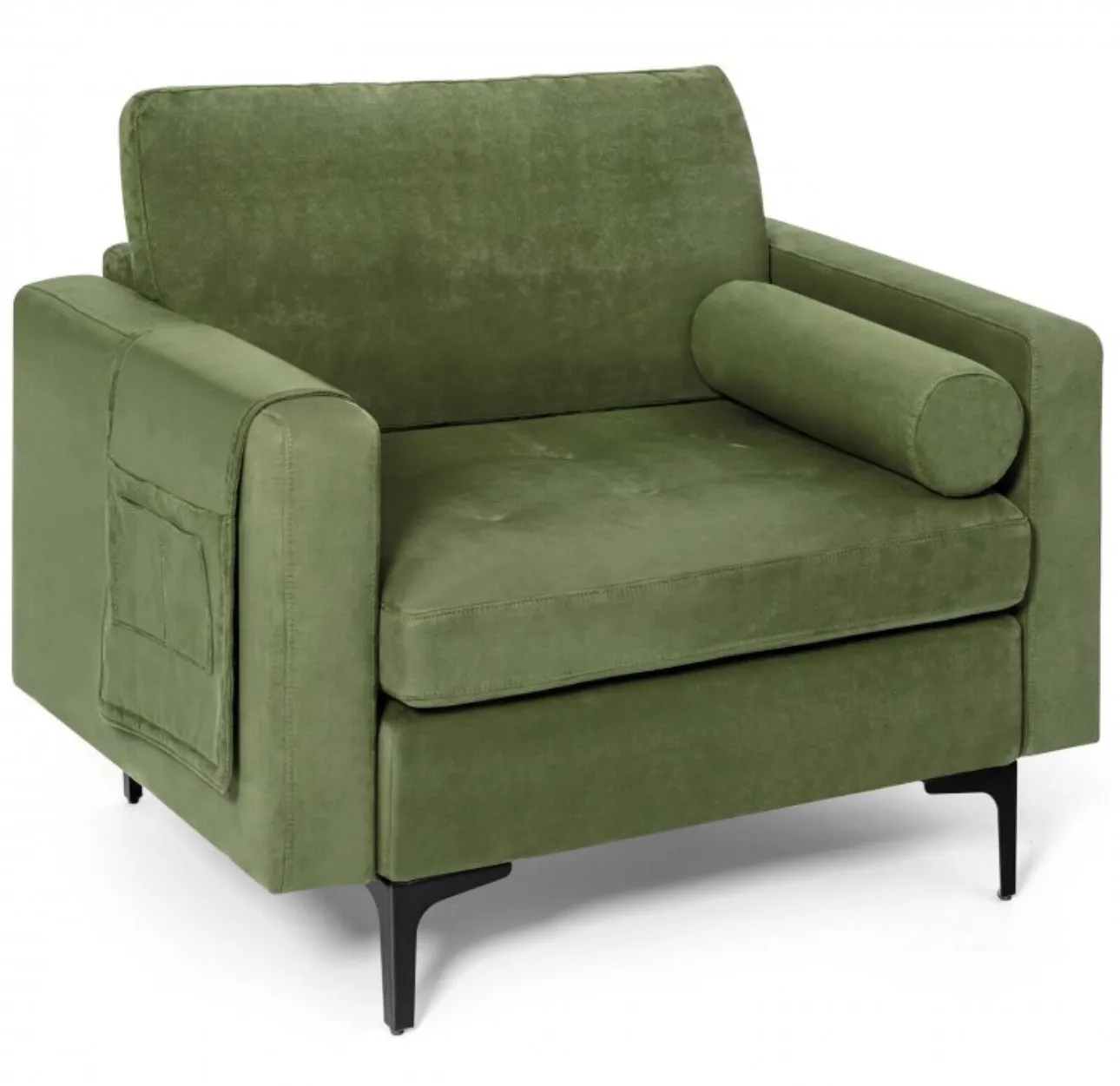Elegant Modern Accent Chair Couch With Bolster And Side Storage Pocket | Thick Cushions | Heavy Duty Holds 660lbs | Suede Or Leather Or Lint Fabric
