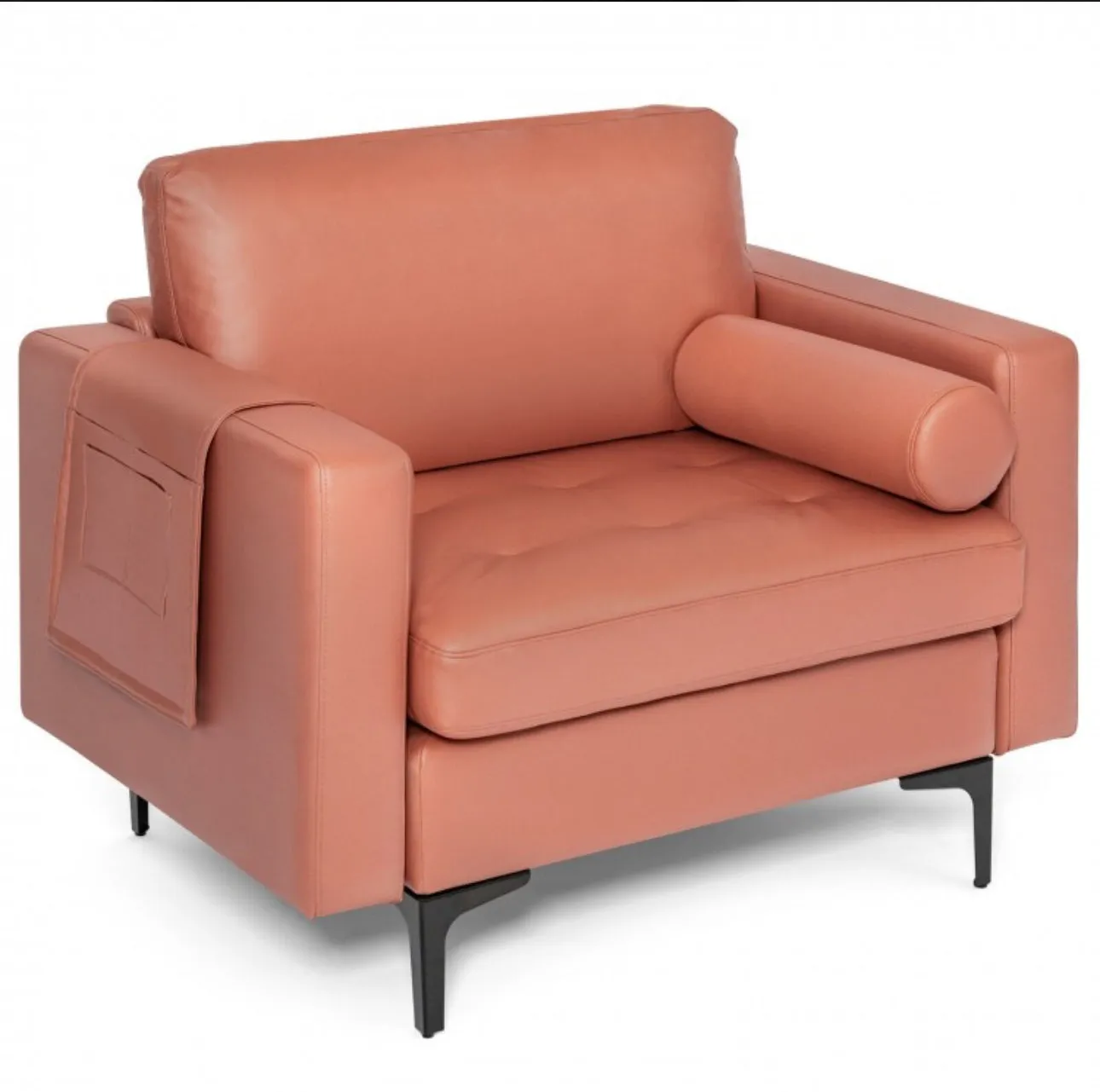 Elegant Modern Accent Chair Couch With Bolster And Side Storage Pocket | Thick Cushions | Heavy Duty Holds 660lbs | Suede Or Leather Or Lint Fabric
