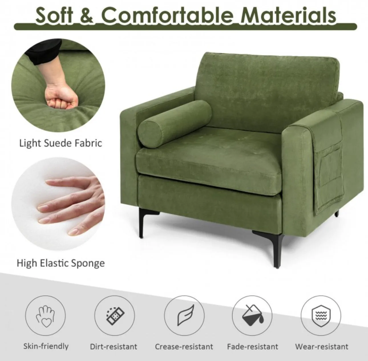 Elegant Modern Accent Chair Couch With Bolster And Side Storage Pocket | Thick Cushions | Heavy Duty Holds 660lbs | Suede Or Leather Or Lint Fabric