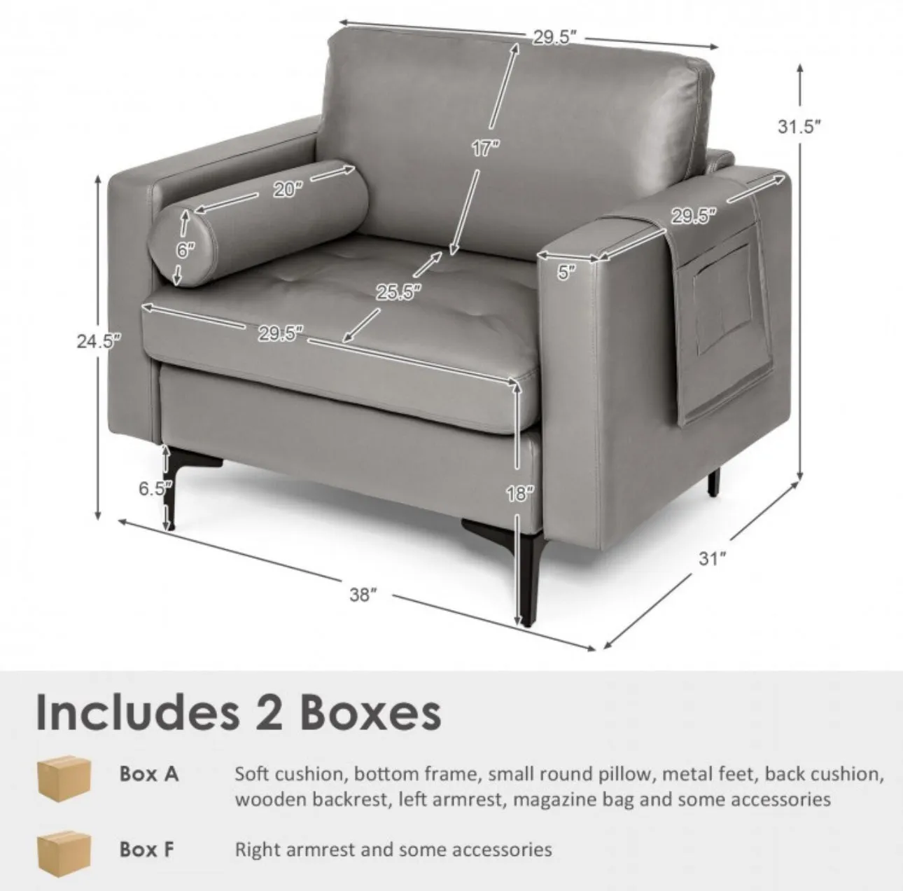 Elegant Modern Accent Chair Couch With Bolster And Side Storage Pocket | Thick Cushions | Heavy Duty Holds 660lbs | Suede Or Leather Or Lint Fabric