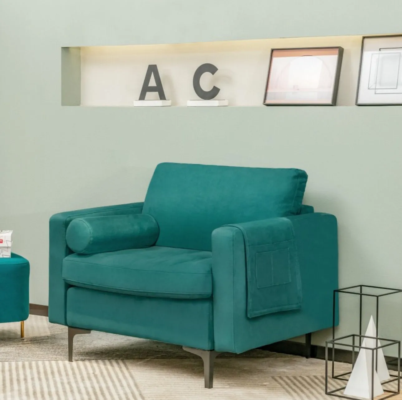 Elegant Modern Accent Chair Couch With Bolster And Side Storage Pocket | Thick Cushions | Heavy Duty Holds 660lbs | Suede Or Leather Or Lint Fabric