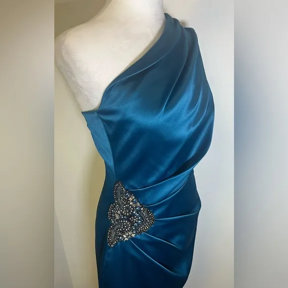 Eliza J One-Shoulder Beaded Jewel Satin Dress Evening Gown Size 4