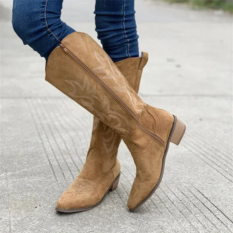 Embroidered Western Cowboy Boots for Women Autumn Pointed Toe Thick Heel High Knee Boots Woman Loose PU Leather Long