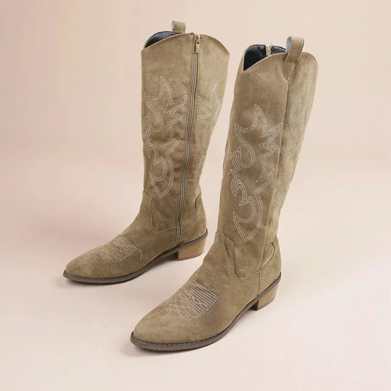 Embroidered Western Cowboy Boots for Women Autumn Pointed Toe Thick Heel High Knee Boots Woman Loose PU Leather Long