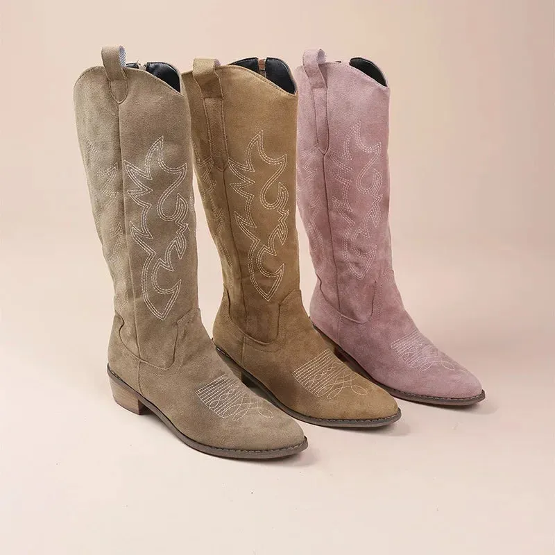 Embroidered Western Cowboy Boots for Women Autumn Pointed Toe Thick Heel High Knee Boots Woman Loose PU Leather Long