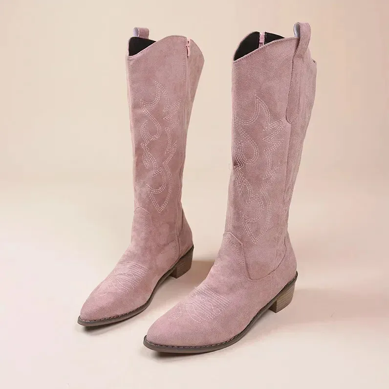 Embroidered Western Cowboy Boots for Women Autumn Pointed Toe Thick Heel High Knee Boots Woman Loose PU Leather Long