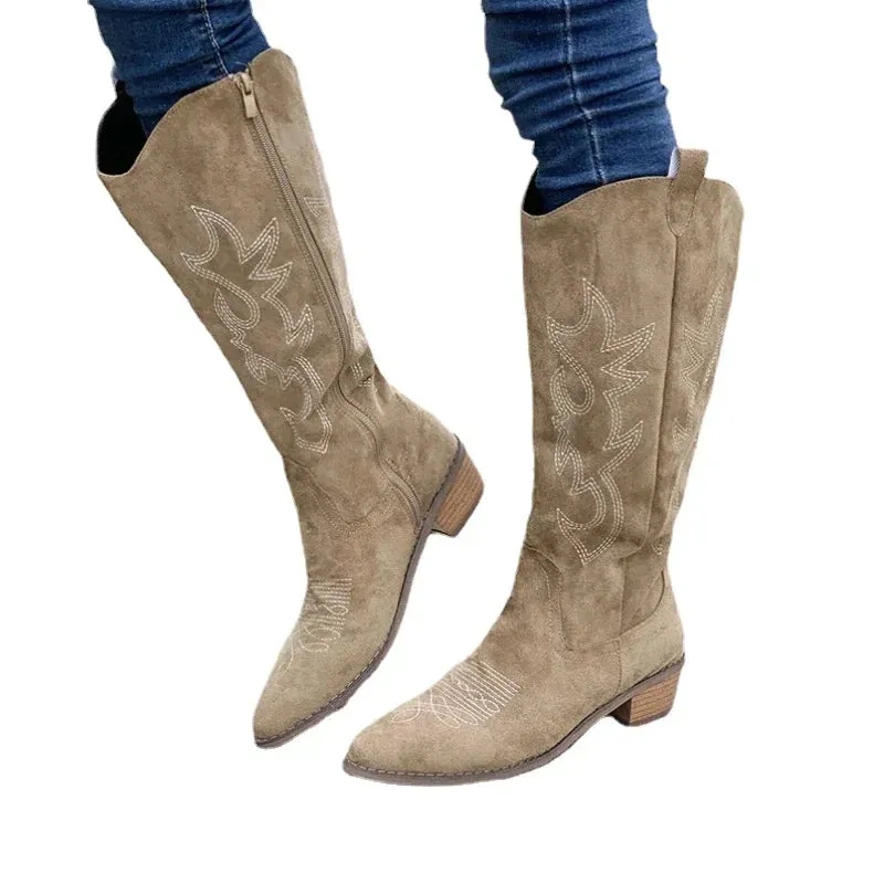 Embroidered Western Cowboy Boots for Women Autumn Pointed Toe Thick Heel High Knee Boots Woman Loose PU Leather Long
