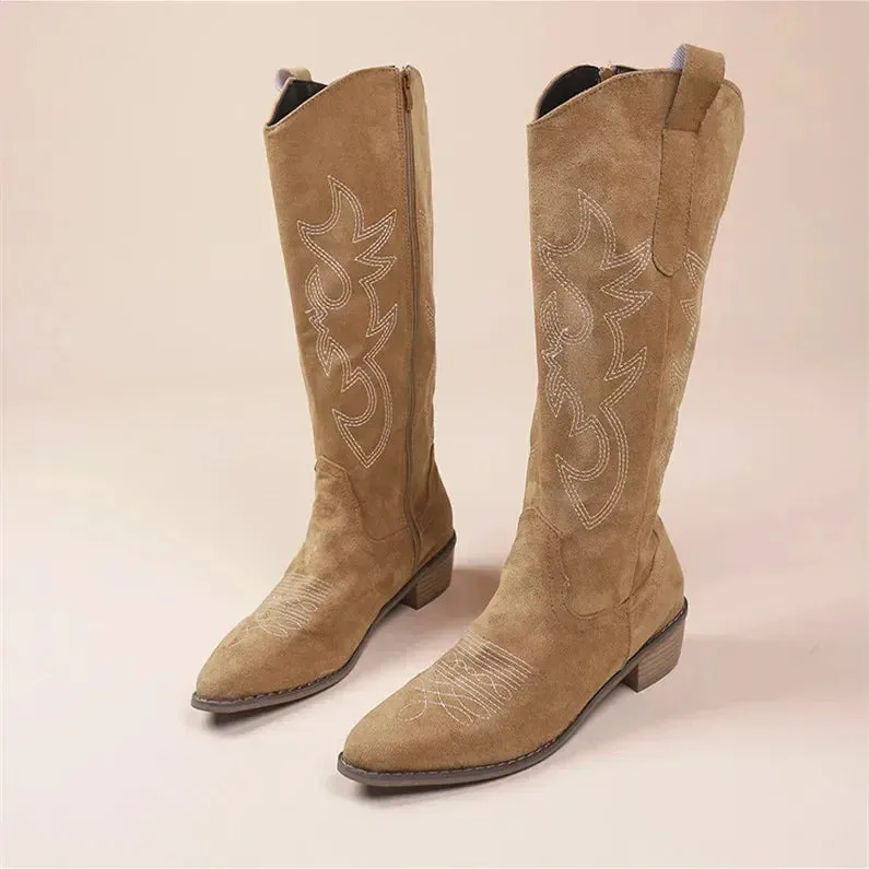 Embroidered Western Cowboy Boots for Women Autumn Pointed Toe Thick Heel High Knee Boots Woman Loose PU Leather Long