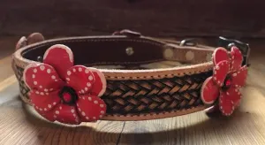 Genuine leather dog collar with painted Red 3D flower accent