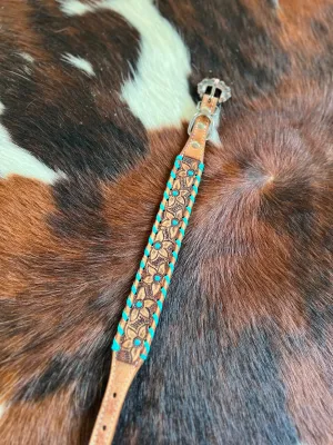 Genuine leather dog collar with teal rawhide.