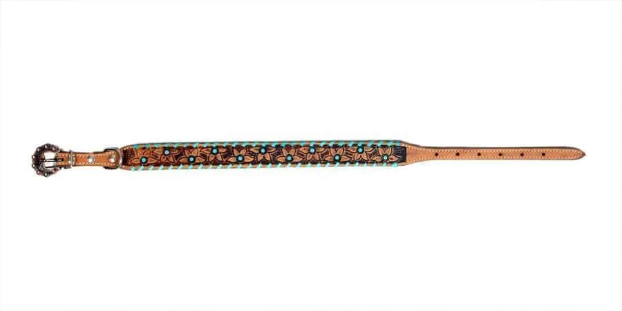Genuine leather dog collar with teal rawhide.