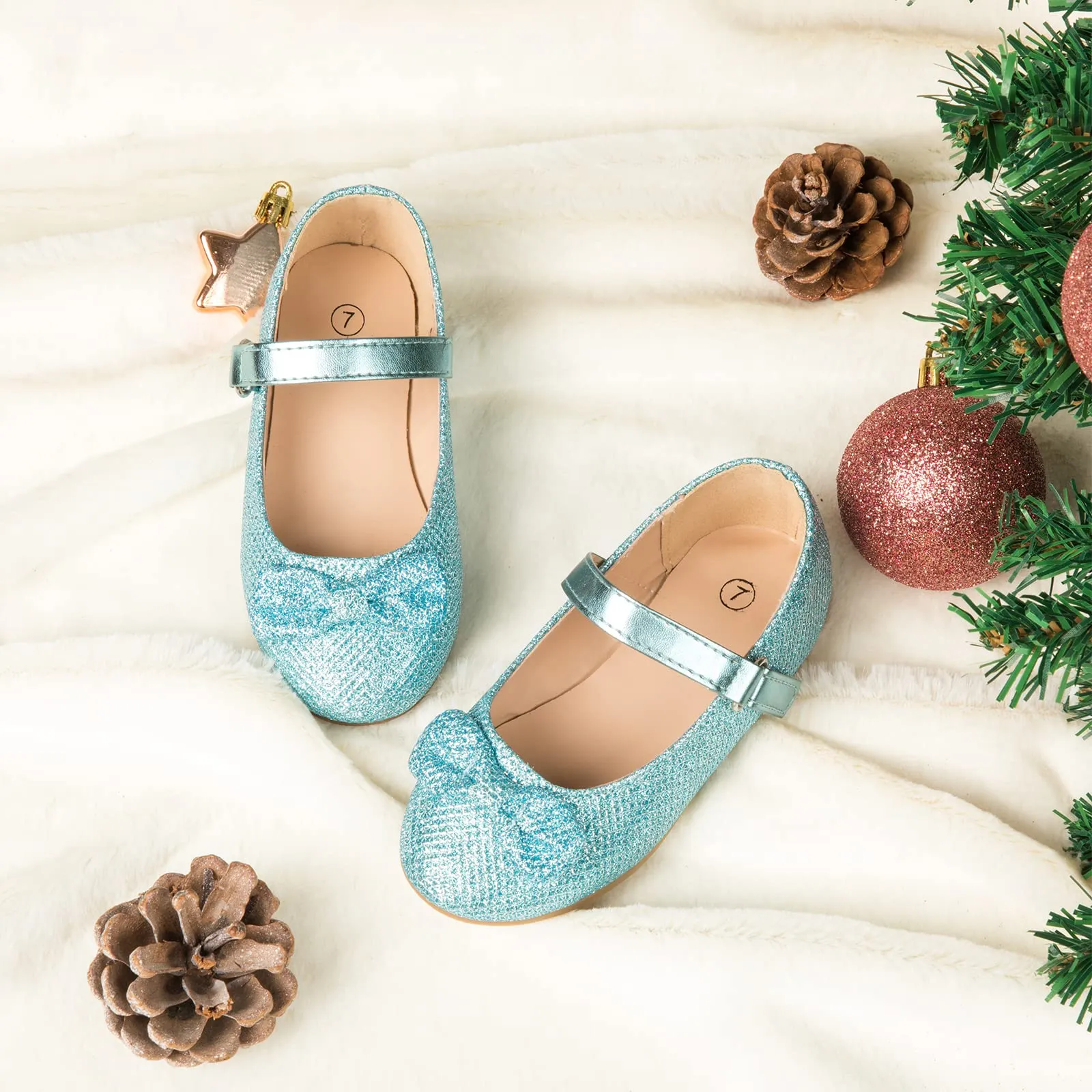 Girls Dress Shoes-Sequined Mary Jane Flats with Bow Tie