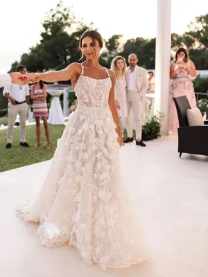 Gorgeous Spaghetti Straps A-line Applique Tulle Long Wedding Dress, WD0532