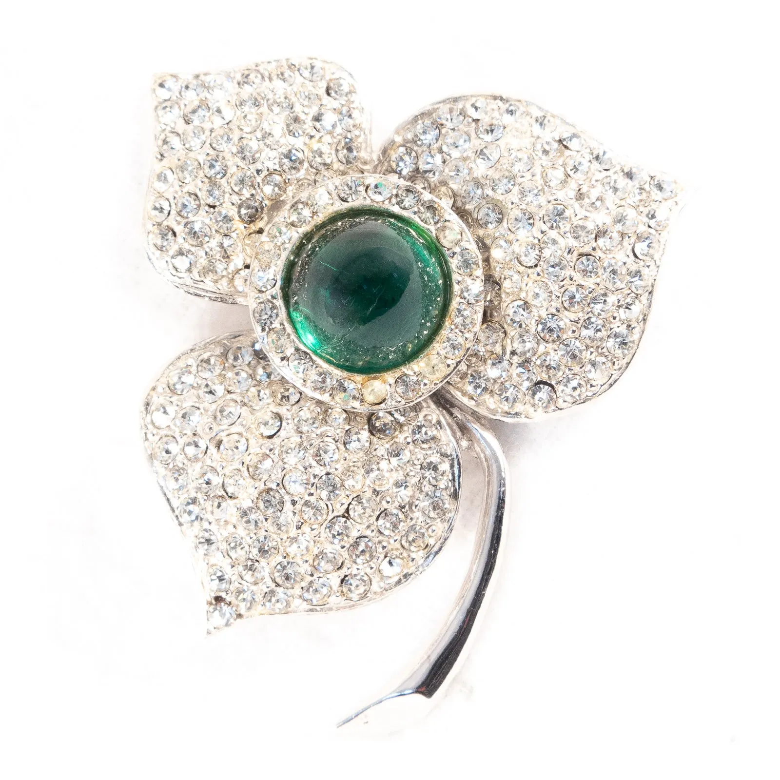 Green Rhinestone Flower Set - Brooch and Earrings