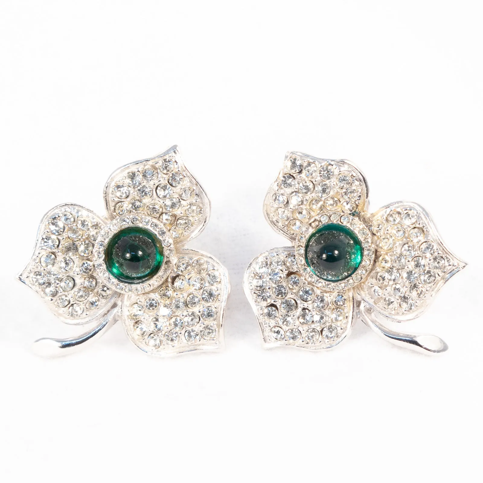 Green Rhinestone Flower Set - Brooch and Earrings