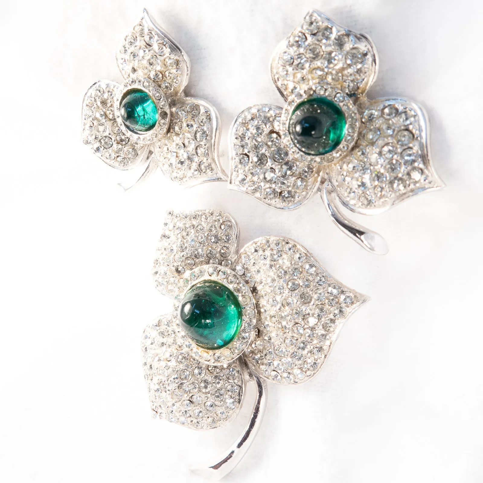 Green Rhinestone Flower Set - Brooch and Earrings