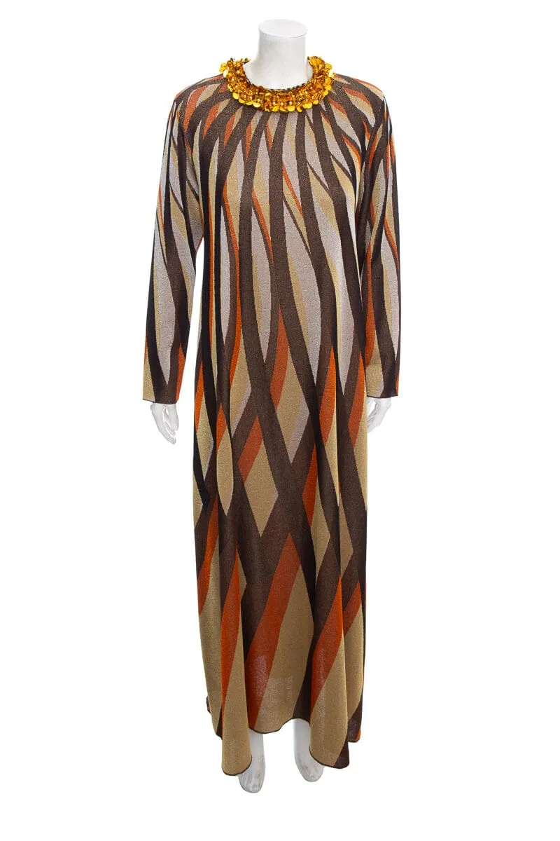 Gucci Brown & Metallic Geometric Printed Long Dress SZ XS