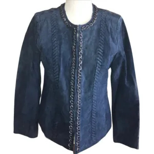 HAL RUBENSTEIN BLUE ZIP CLOSE CHAIN AND LEATHER ACCENT LEATHER JACKET MEDIUM