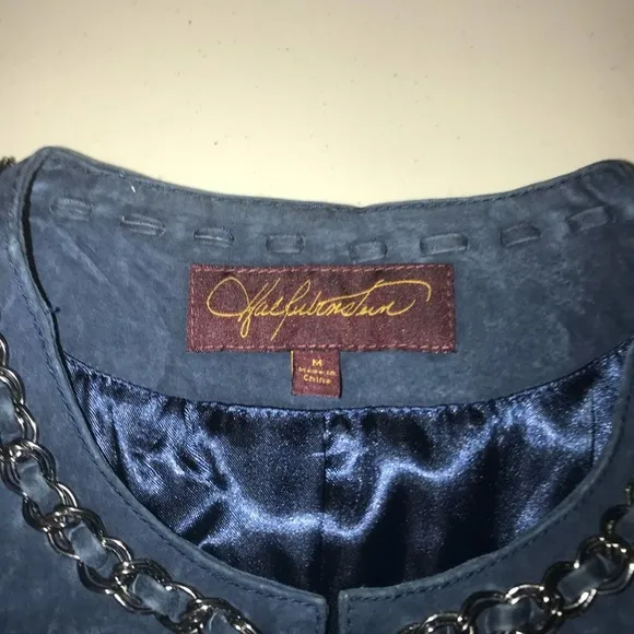 HAL RUBENSTEIN BLUE ZIP CLOSE CHAIN AND LEATHER ACCENT LEATHER JACKET MEDIUM
