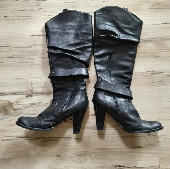 Italian Leather Black Riding Scrunch Boots Sz 39/8 Knee High Heel