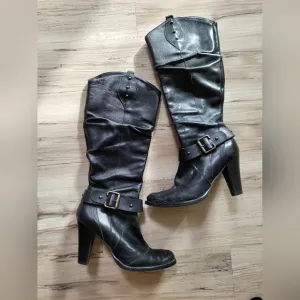 Italian Leather Black Riding Scrunch Boots Sz 39/8 Knee High Heel