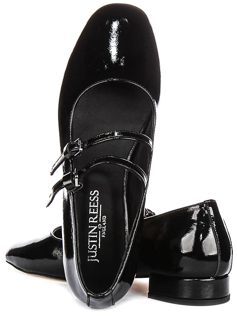 Justinreess England Kalie Two Bar Leather Mary Jane in Black Patent