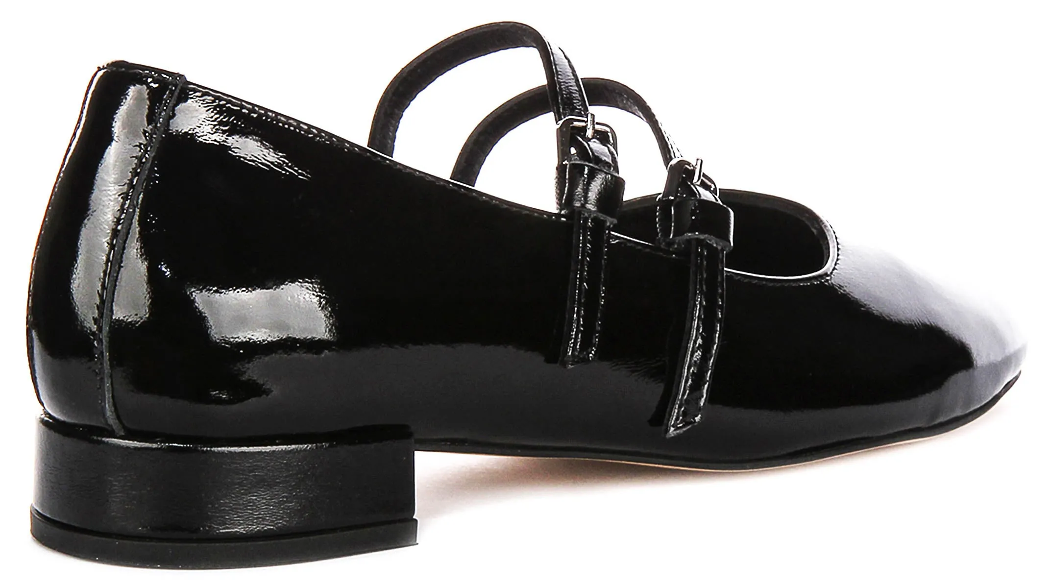 Justinreess England Kalie Two Bar Leather Mary Jane in Black Patent