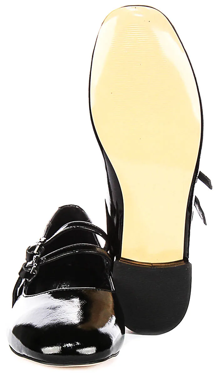 Justinreess England Kalie Two Bar Leather Mary Jane in Black Patent
