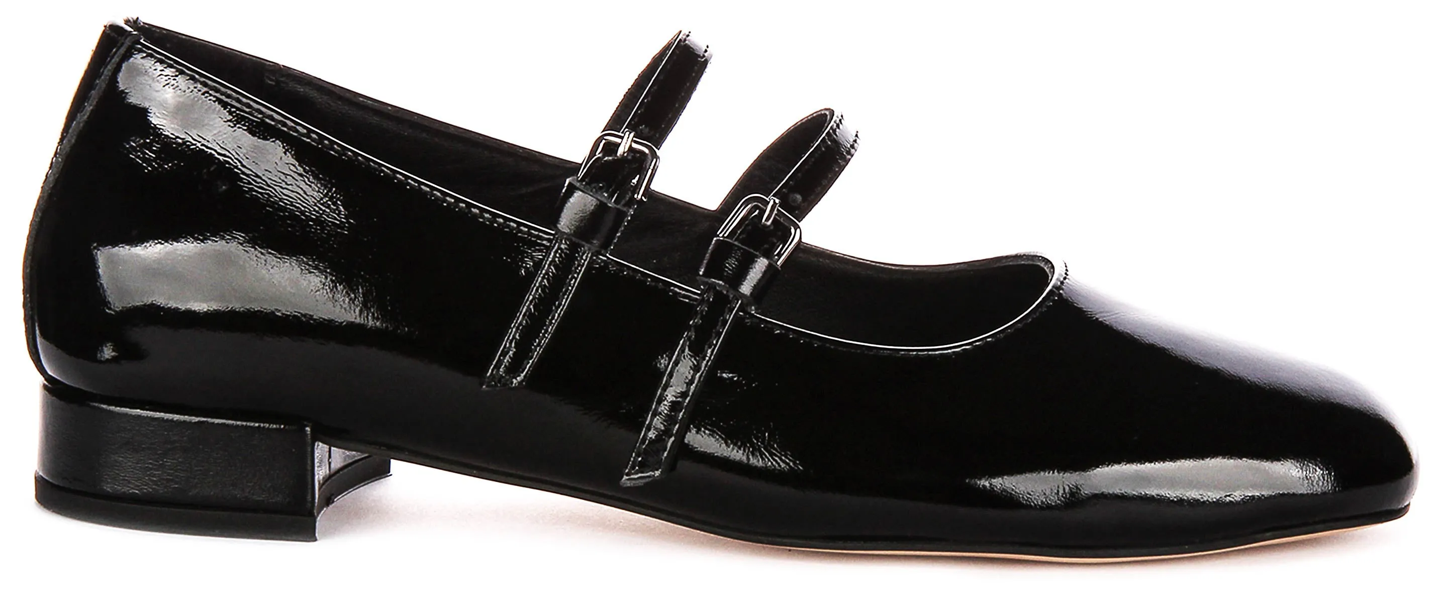 Justinreess England Kalie Two Bar Leather Mary Jane in Black Patent