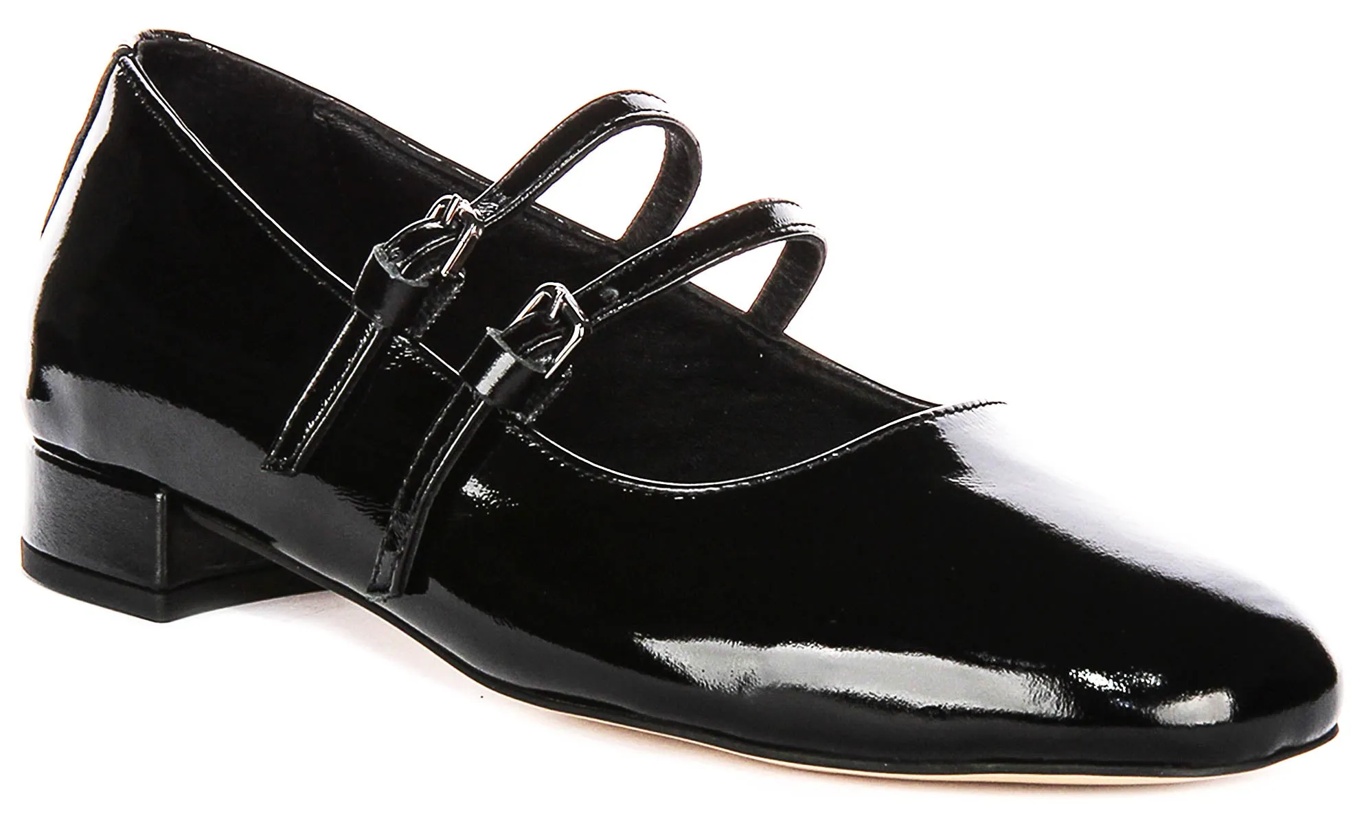 Justinreess England Kalie Two Bar Leather Mary Jane in Black Patent