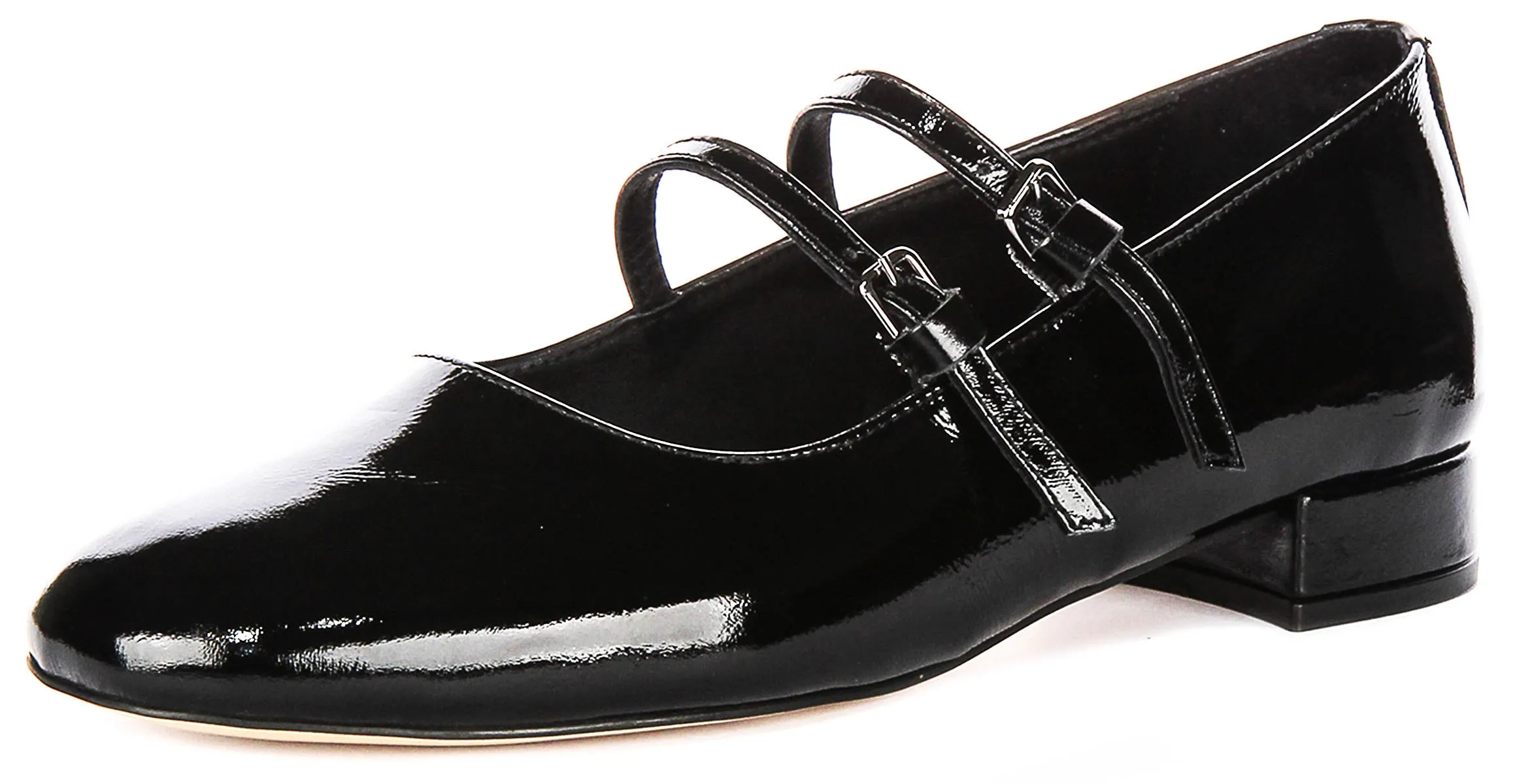 Justinreess England Kalie Two Bar Leather Mary Jane in Black Patent